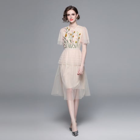 ★M~3L★結婚式 二次会 パーティー 上品感スパンコール刺繍入り ピンドット柄レースドレスワンピース  S60833