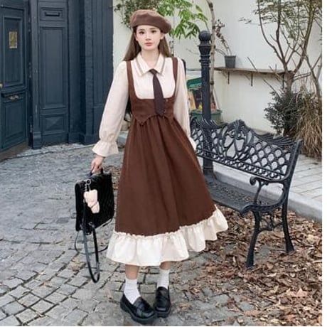 大きいサイズ★L～5L★セーラー服   バイカラー　異素材切替  ネクタイ付き重ねる風ワンピース [ブラウン]   67862