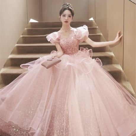 ★XS～4L★パーティー 結婚式 披露宴 ステージ 司会 演奏会 お姫様 可愛いフリル  2WAY着  ロングドレス  [ピンク] 4124