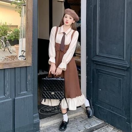 大きいサイズ★L～5L★セーラー服   バイカラー　異素材切替  ネクタイ付き重ねる風ワンピース [ブラウン]   67862