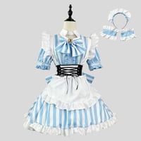 ★S～6L大きいサイズ★可愛いリボン付き ストライプ柄コスプレ   二次元  メイド服 6点セット [ブルー]  8230