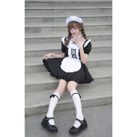 ★S～6L大きいサイズ★lolita コスプレ メイド服 エプロン クラシカル ゴスロリ 4点セット[ブラック]  8082