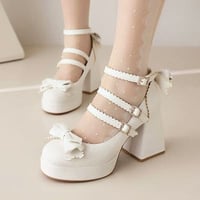 3色★22cm～28cm 可愛いリボン パール パンプス　ロリータシューズ 甘ロリ フレアヒール　9CM  23D29