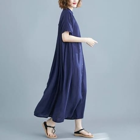 全6色　夏新作　ゆったり　大人カジュアルスタイル 涼感 コットンリネン　前ボタン ロングシャツワンピース    [F]    9161