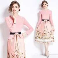4COLOR★M/2L★オシャレリボンベルト付き　ニット切替ワンピース　  S68576