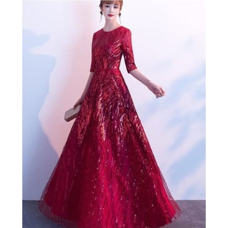 2色★S～6L★パーティー 結婚式 披露宴 ステージ 司会 演奏会 五分袖 キラキラスパンコール刺繍ドレス   20413