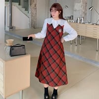 ★2L～6L大きいサイズ ★可愛いぽっちゃりさん   学生風 レトロ感 チエック柄ワンピース　花柄レース襟シャツ２セット 7876