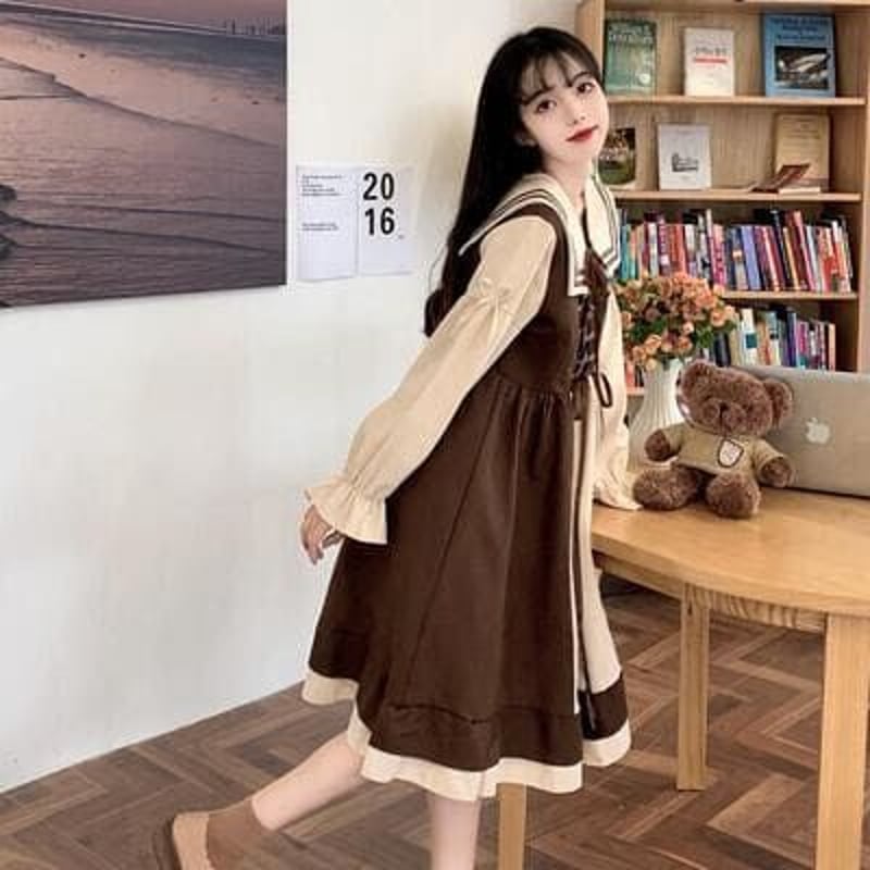 2色☆M～5L☆バイカラー 学生風 セーラー服 胸元リボン リボン