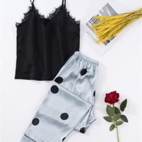 8色★S～XL★パジャマ セット ドット ルームウェア Vネック ベアトップ ロングパンツ   海外   2022041329