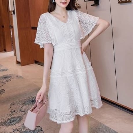 2色★ S～5L★パーティー 結婚式 披露宴 大人優雅 前後Vネック 総レースドレスワンピース2030