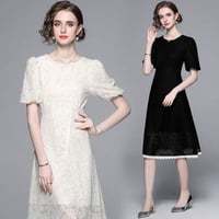 ★S~2L★結婚式 二次会 パーティー 披露宴 バイカラーレース　可愛いパフスリーブドレスワンピース  S86039