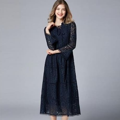 ★L～6L★パーティー 結婚式 二次会 披露宴 ママ会 花柄総レースロングドレス ワンピース   [ネイビー]   Y16206