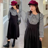 ★2L～5L★大きめダブル襟 チエック柄シャツブラウス プリーツスカートワンピース２set     X229