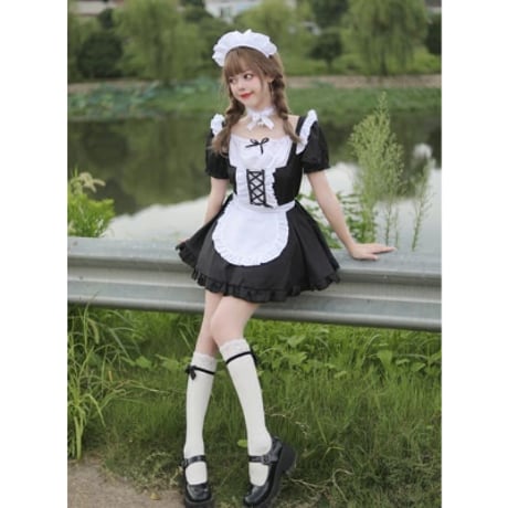 ★S～6L大きいサイズ★lolita コスプレ メイド服 エプロン クラシカル ゴスロリ 4点セット[ブラック]  8082