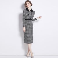 S～3L★定番黒白千鳥柄 パーティー 出かけ 二次会 上品感　長袖ドレスワンピース   S82065