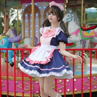 ★S～6L大きいサイズ★可愛いリボン付き  コスプレ ストライプ柄 ワッペン刺繍   二次元  メイド服 5点セット [ネイビー]  8223