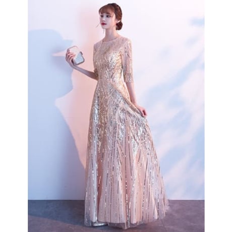 2色★S～6L★パーティー 結婚式 披露宴 ステージ 司会 演奏会 五分袖 キラキラスパンコール刺繍ドレス   20413