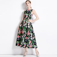 ★S~3L★結婚式 二次会 パーティー デート  華やか   ノースリーブ  花柄ワンピース [グリーン]    S69080