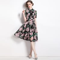 ★S～3L★パーティー 結婚式 ウエストリボン付き  前ボタン開き 可愛い花柄プリントドレスワンピース [ブラック]  S68123