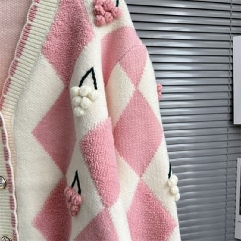全3色☆3L～5L秋冬 新作 柔らかいニット配色切替 可愛い立体感ブドウ柄 