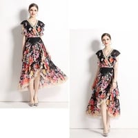 5COLOR★M～3L★パーティー 結婚式 インナー付き Vネック  イレギュラーフレア  花柄ワンピース   S61200