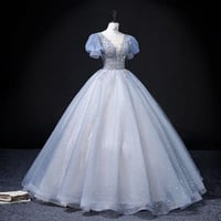 ★XS~4L★パーティー 結婚式 披露宴 ステージ 司会 演奏会 上品感花柄刺繍入り 可愛いパフスリーブ　ロングドレス [ブルー]  1025