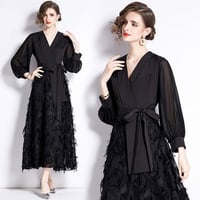 ★M～3L★パーティー 披露宴 司会  二次会 上品感 Vネック  異素材切替ロングドレスワンピース [ブラック]  S80531
