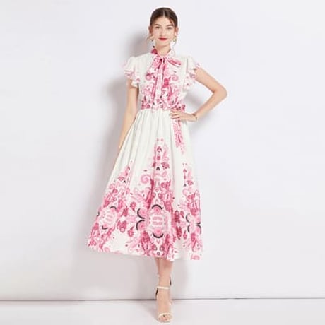 ★M~3L★結婚式 二次会 パーティー 可愛いフレア袖  花柄プリント ボウタイワンピース [ピンク]   S88439