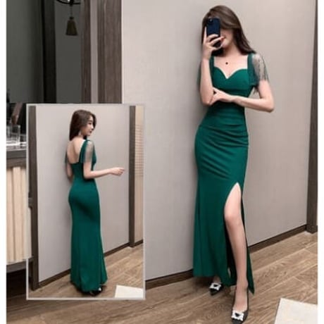 3COLOR★S～4L★キャバドレス キャバ嬢 セクシーハートネック 前スリット入り袖レース切替 ロンググドレス