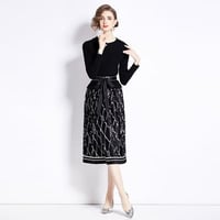 ★M/2L★オシャレリボンベルト付き  ニット  花柄プリーツスカート切替ワンピース [ブラック]  S68572