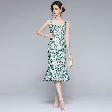 ★M～3L★ パーティー会 披露宴 フィッシュテール 花柄プリン ドレスワンピース      [グリーン]    S38198