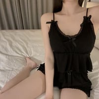 ★M～3L★ちょいセクシーパット付き レディースパジャマ 可愛い部屋着 上下2点セット   [ブラック]     ND610