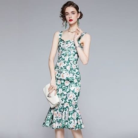 ★M～3L★ パーティー会 披露宴 フィッシュテール 花柄プリン ドレスワンピース      [グリーン]    S38198