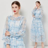 ★M~3L★結婚式 パーティー 司会 披露宴 二次会 可愛いフリル シフォンロングドレスワンピース [ブルー]  S65210
