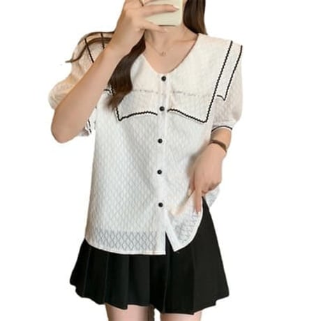 ★S～5L★バイカラー　セーラー服 レースシャツブラウス  トップス  [ホワイト]   1391