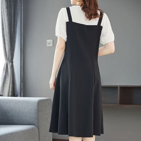 大きいサイズ★L～6L★通勤 パーティー オフェス着 前スリット入り 重ねる風ワンピース [ブラック]  22506