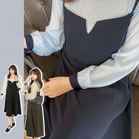 3色★2L～5L★春秋新作 通勤通学 バイカラー シャツ キャミワンピース　2点set        7427