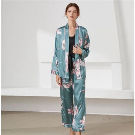 3色★M～2XL★トベアトップ ロングパンツ レースアップ パジャマ  3点セット   海外   2022041328