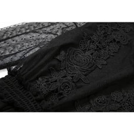 L~6L★出かけ パーディー 二次会 結婚式上品花柄レース 刺繍 ドット柄レースドレスワンピース   [黒]   Y14270