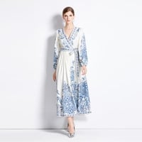 ★S~3L★結婚式 二次会 パーティー デート  リボン付き   Vネック花柄ワンピース [ブルー]  S62346