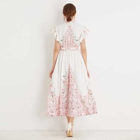 ★M~3L★結婚式 二次会 パーティー 可愛いフレア袖　花柄プリント ボウタイワンピース [ピンク]  S88436