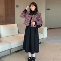 ★2L～6L大きいサイズ ★上品印象　チエック柄ジャケット タックりワンピース　2点セット  7849