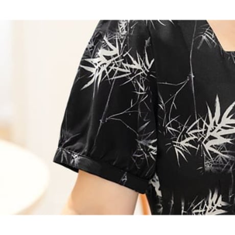 ★5L～9L ★通勤 パーティー 着痩せ 優雅 スクエアネック オシャレリーフ柄 シフォンワンピース [ブラック]  11062