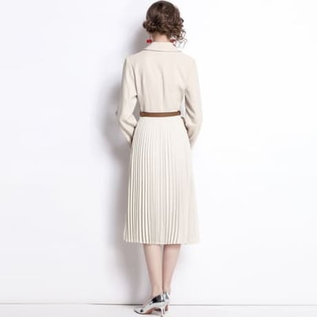 ★S~3L★結婚式 パーティー ベルト付き 上品感プリーツ切替 ドッキングワンピース [ベージュ]  S68839