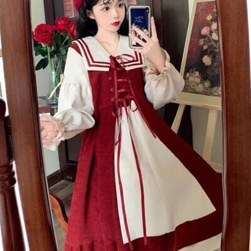 2色☆M～5L☆バイカラー 学生風 セーラー服 胸元リボン リボン