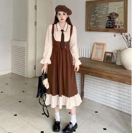 大きいサイズ★L～5L★セーラー服   バイカラー　異素材切替  ネクタイ付き重ねる風ワンピース [ブラウン]   67862
