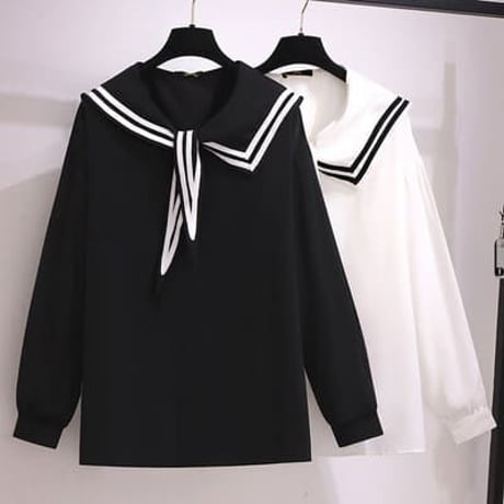 ★3L～7L★学生風 可愛いセーラー服 イレギュラー襟　シフォンシャツブラウス      62933