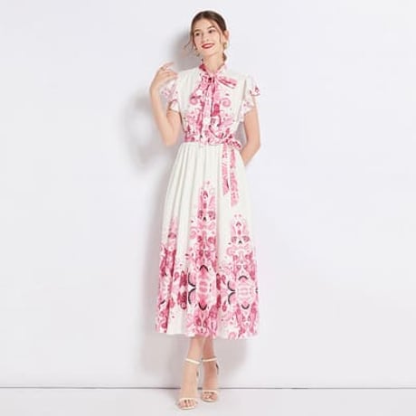 ★M~3L★結婚式 二次会 パーティー 可愛いフレア袖  花柄プリント ボウタイワンピース [ピンク]   S88439