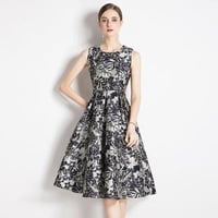 ★S～3L★通勤 パーティー 結婚式 ウエストタック入り 上品ツヤ感  花柄ジャガード織ドレスワンピース [ゴールド]   S60247