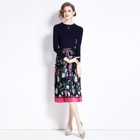 4COLOR★M/2L★オシャレリボンベルト付き　ニット切替ワンピース　  S68576